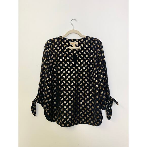 MICHAEL Michael Kors Blouse L Black Gold Metallic Print Top Party Workwear Chic - Picture 1 of 9